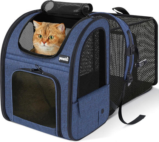 Cat Backpack Carrier Expandable, Pet Backpack for Cats & Small Dogs up to 11Lbs, with 4-Side Breathable Mesh, Multi-Entry & Lockable Zippers for Travel, Hiking, Camping - Hands Free, Blue